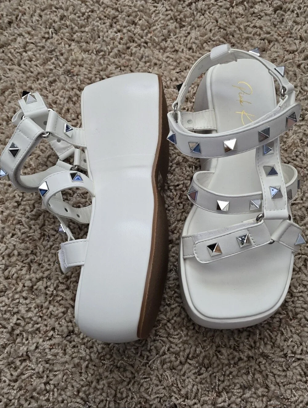 Pink Kiss Frankie White Studded Platform Velcro Sandals - women's 7